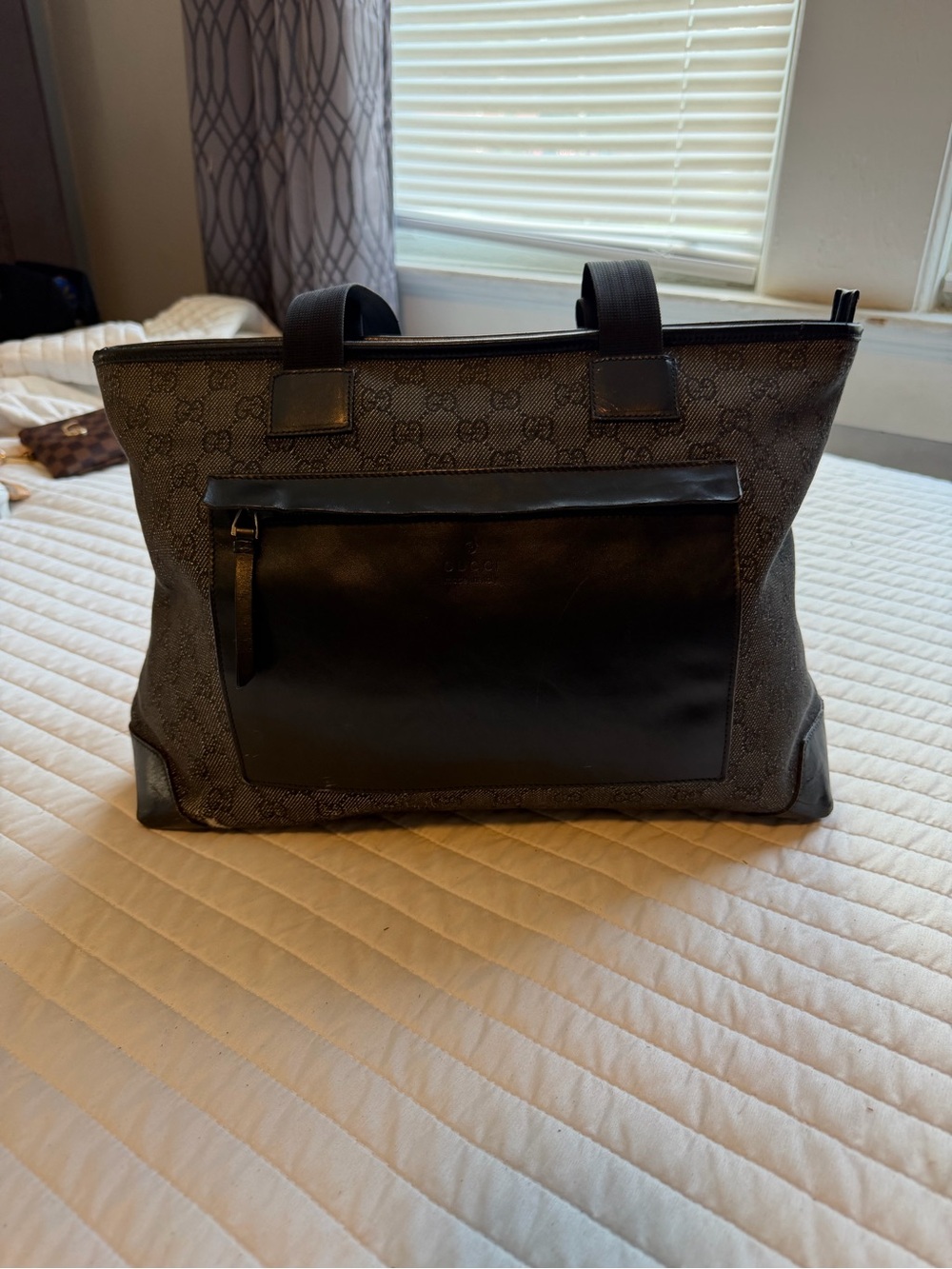 Gucci Black Monogram Tote with Front Leather Pocket